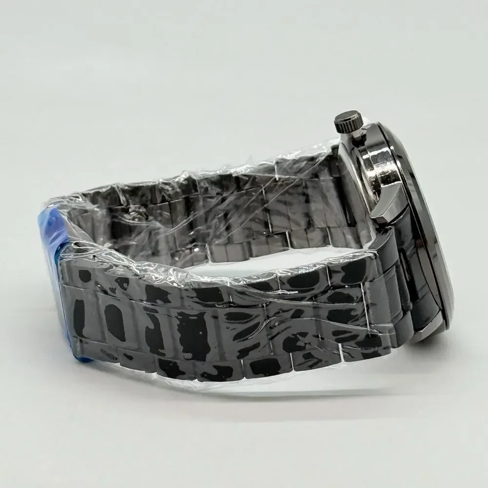 Mens All Black Metal Watch 3D Gold Dragon Sculpted Dial Rhinestone Indices New